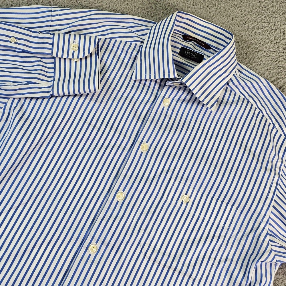 Eton Shirt Mens Medium Blue Striped Wrinkle Free Regular Fit Long Sleeve Dress